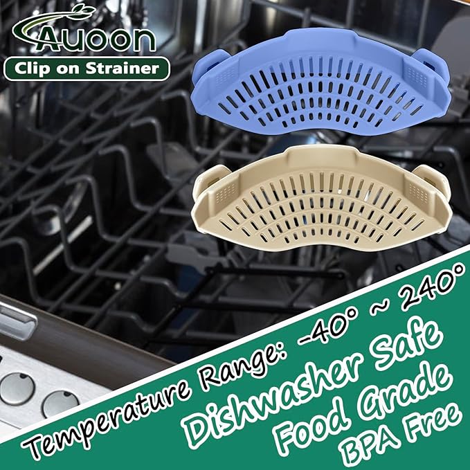 AUOON Clip on Strainer for Pots and Pans - Silicone Food Strainer for Draining Pasta, Spaghetti, Noodles, Fruits, Vegetables, Grease, Ground Beef (Blue Velvet)