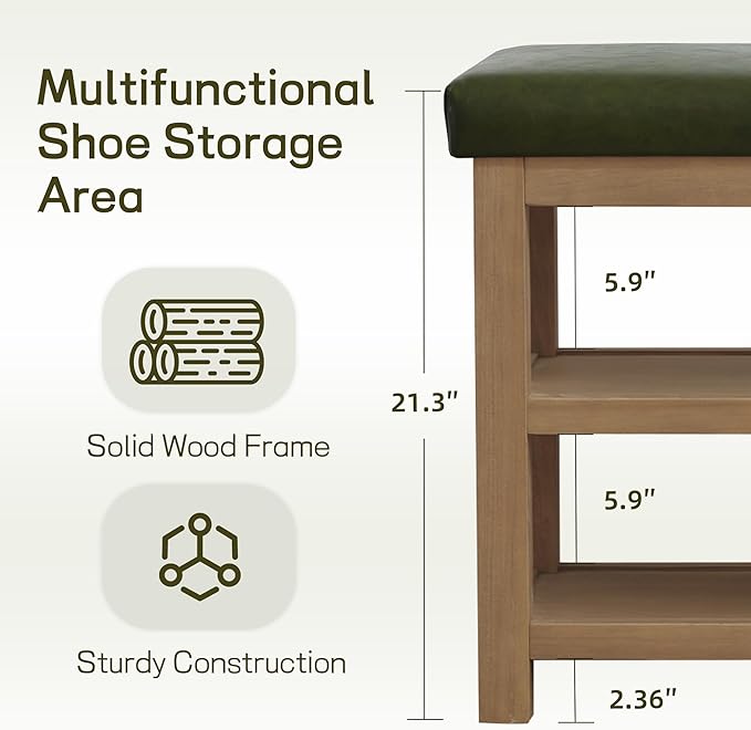 Shoe Rack Bench with Leather Cushion, 2 Tier Solid Wood Storage Bench, Mid-Century Modern Shoe Bench for Entryway, Hallway, Closet, Front Door Entrance, Foyer (Green, 39.4")