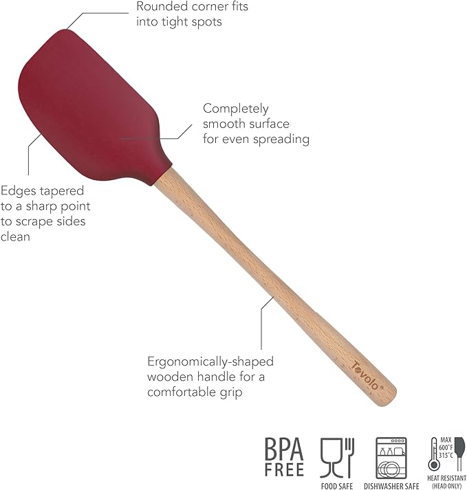 Tovolo Silicone Spatula with Wooden Handle Set of 5 Piece Silicone Kitchen Utensil Set Spoonula Jar Scraper Mini Spatula and Spoonula for Cooking Baking Mixing Folding Cayenne Red