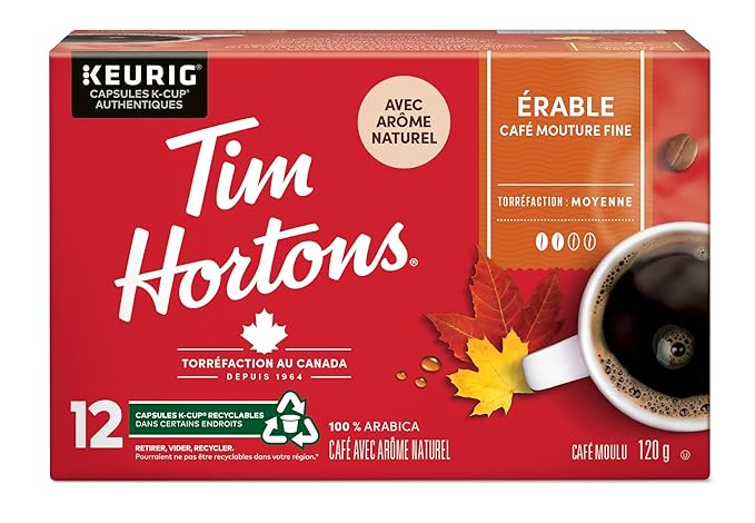 Tim Hortons Maple Coffee, Recyclable Single Serve Keurig K-Cup Pods, Flavoured Medium Roast, 12 Count