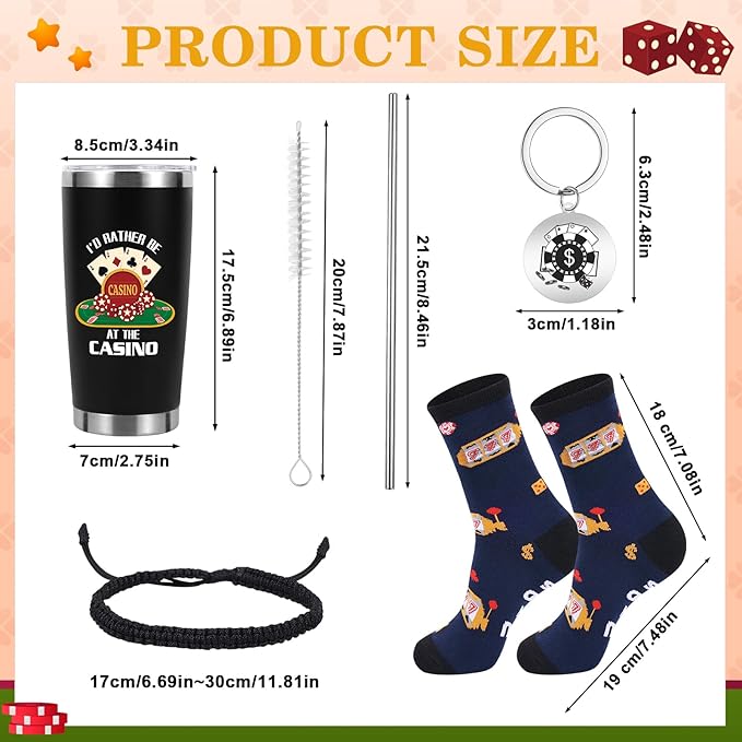 Gambling Gifts, Casino Gifts for Men Include 20 oz Casino Stainless Steel Tumbler Funny Socks Keychain Lucky Bracelet Slot Machine Gift for Christmas Birthday Party