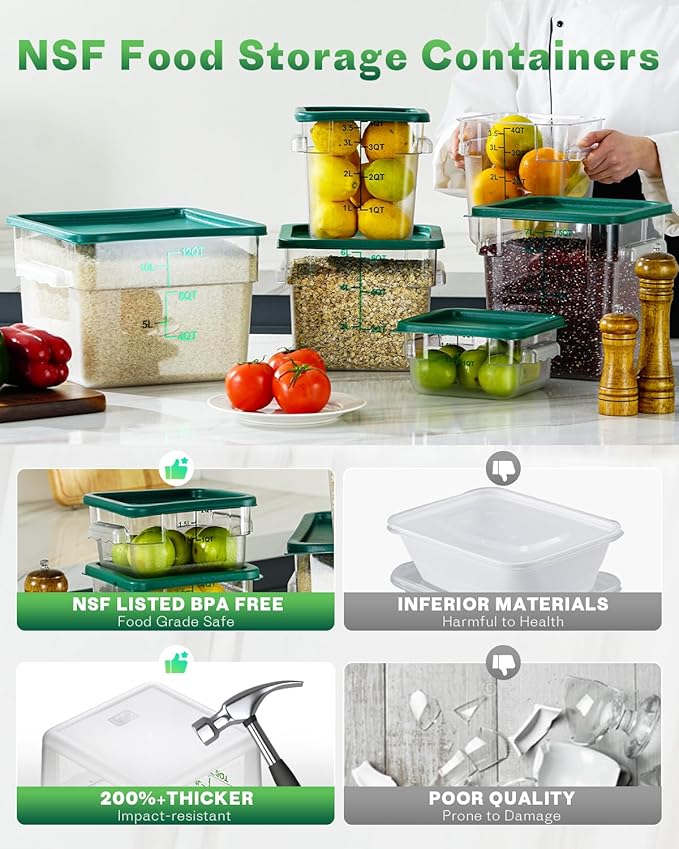 12QT NSF Food Storage Containers with Lids: 4 PCS [Total Food Grade][Hot&Cold Resistant] Commercial Clear Food Storage Containers for Restaurant Kitchen Proof Dough, Measuring Spoons Included(Green)