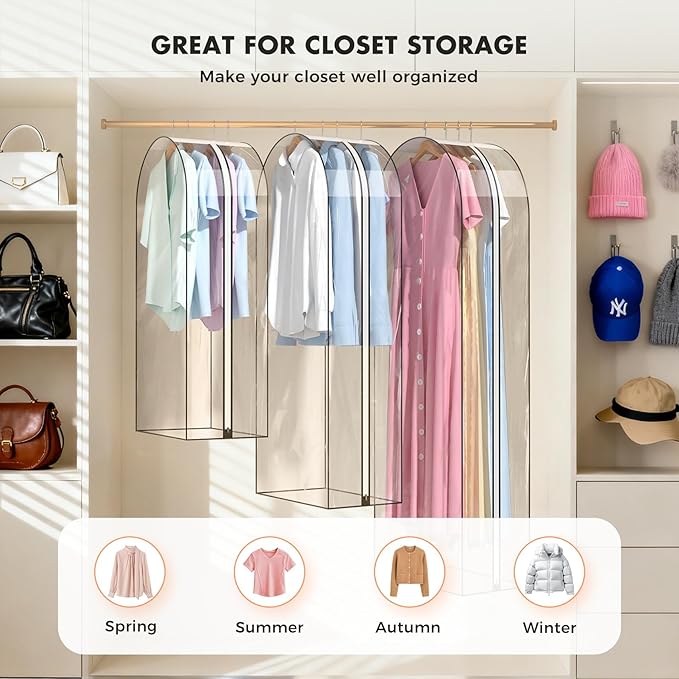 10" Gusseted All Clear Garment Bags for Hanging Clothes 4 Packs 40" Suit Bags for Closet Storage Hanging Clothes Storage Suit Cover for Shirts,Coats, Dresses，Suits