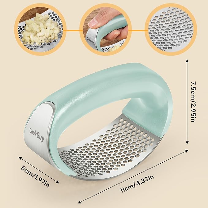 Cook Guy 304 Stainless Steel Garlic Press Rocker Set - Premium Garlic Mincer, Crusher, Peeler, and Scraper Tool for Effortless Mincing - Comfortable Grip Garlic Grinder (Green)