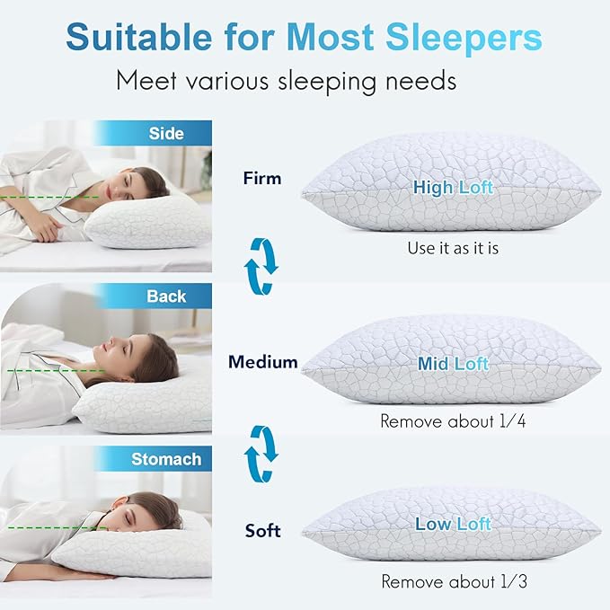 Cooling Pillow for Sleeping Shredded Memory Foam CertiPUR-US Certified, Stocking Stuffers Gifts, Adjustable Soft and Supportive Bed Pillow for Side, Back, Stomach Sleepers, Cool Pillow for Hot Sleeper