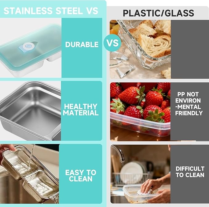 SHUESS 8 Pack Stainless Steel Snack Containers, Food-Grade Double Compartment Lunch Box, Leak-Proof & Dishwasher-Safe, Ideal for Travel, Work