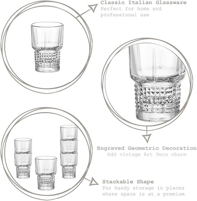 Bormioli Rocco Bartender Novecento Stackable 7-Piece Liquor Set, Includes 1 Decanter and 6 Shot Glasses for Liquor and Spirits, Clear