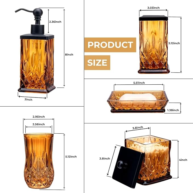 Bathroom Accessories Set,5 Pcs Amber Glass Bathroom Accessory Set,Complete Lotion Soap Dispenser,Toothbrush Holder,Soap Dish,Tumbler & Jar,Modern Bathroom Decor Sets,Gift for Home Apartment,Square