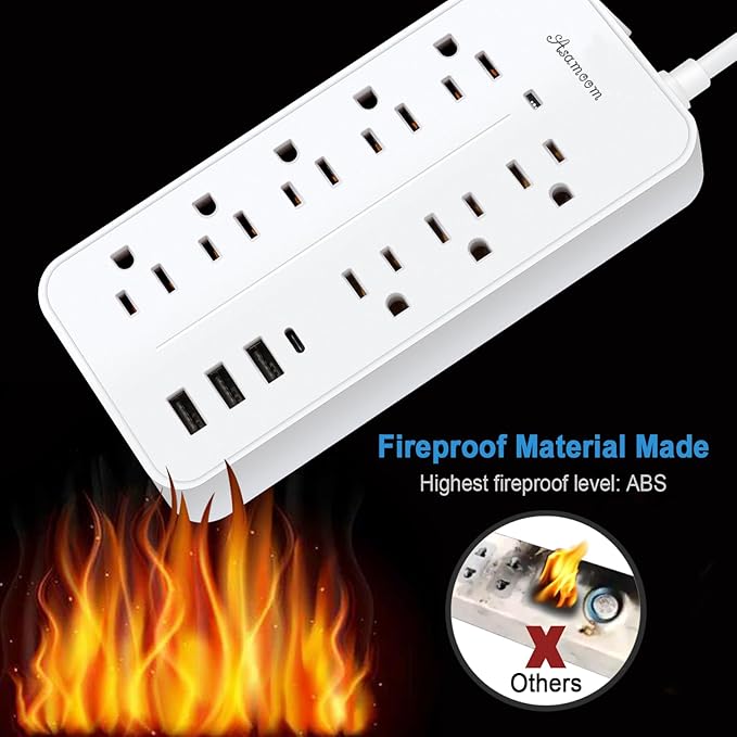 15FT Surge Protector Power Strip Extension Cord with USB C, Flat Plug Power Strip with Long Cord,8 Outlets and 4 USB Port,1700J Wall Mount Desk Multiple Outlets for Home Office White ETL Listed ﻿