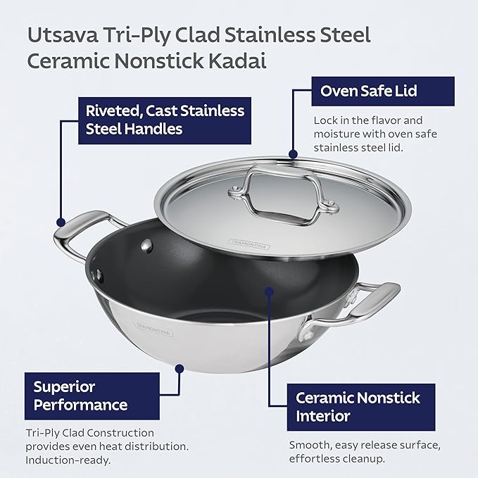 Tramontina Utsava Tri-Ply Clad Stainless Steel 2.75-Quart Kadai with Lid and Ceramic Non Stick Interior, Induction-Ready Kadhai Pot for Indian Cooking