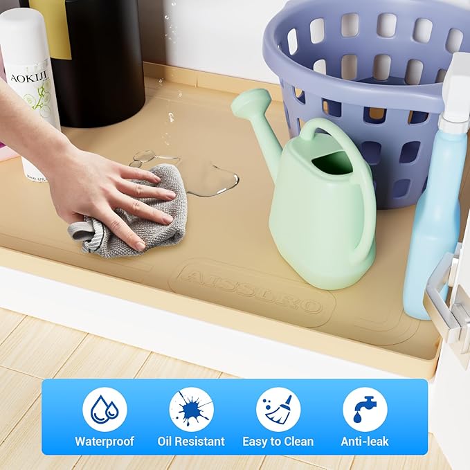 Under Sink Mat 25" X 19", Waterproof Silicone Under Sink Mats for Kitchen, Anti-Leak Shelf Liner & Cabinet Protector with Raised Edge, [BPA Free] Bathroom Tray Home Organizer, Brown