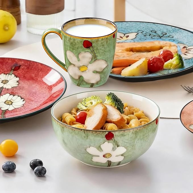 Stoneware 16-Piece Modern Dinnerware Set,Kitchen Plates Bowls and Mug Sets Serves 4,Dishwasher and Microwave Safe,4 colors (Service for 4(16Pcs))