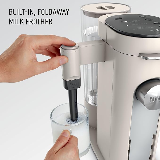 Ninja Pod & Grounds | Coffee Maker | XL Single-Serve | K-Cup Pod Compatible | Brews Grounds | Compact Design | Built-In Milk Frother | 68-oz. Reservoir, 6-oz. Cup to 24-oz. Mug Sizes | Stone |PB055AST
