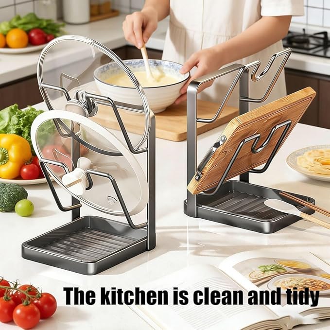 Kitchen Pot Lid Storage Rack, New Multifunctional Stainless Steel Pot and Pan Organizer with Removable Drip Tray, Lid Holder While Cooking, Lid And Spoon Rest (Begie Double)
