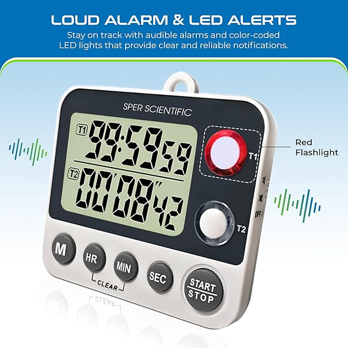 Sper Scientific 2 Channel Digital Lab + Kitchen Timer with Color Coded LED Lights 810002 – Dual Countdown Timer with Large Display, Loud Alarm & Clock Mode - for Cooking, Labs & More - 4 pc