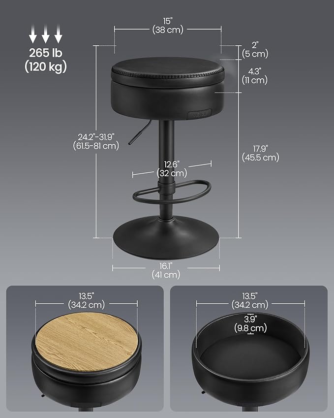 VASAGLE EKHO Collection - 360° Swivel Bar Stools Set of 4, Height Adjustable Barstools with Storage, Synthetic Leather with Stitching, Mid-Century Modern, Kitchen Bar, Easy Assembly, Ink Black