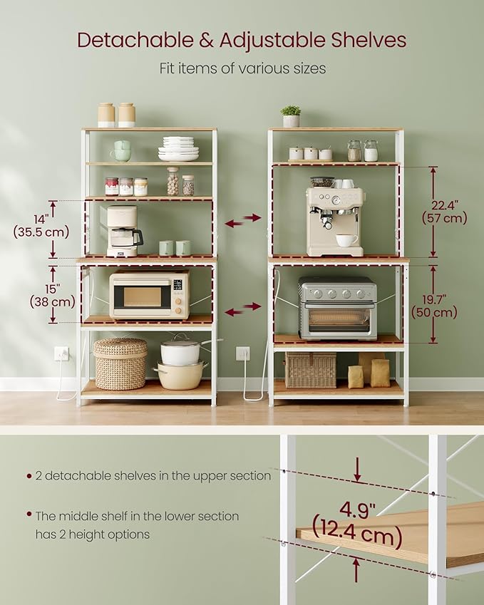 VASAGLE Bakers Rack with Power Outlet, 31.5 Inches Coffee Bar for Kitchen with Storage, 6-Tier Kitchen Shelves with 6 Hooks, Microwave Stand, Modern, Golden Oak and Cloud White UKKS119Y01