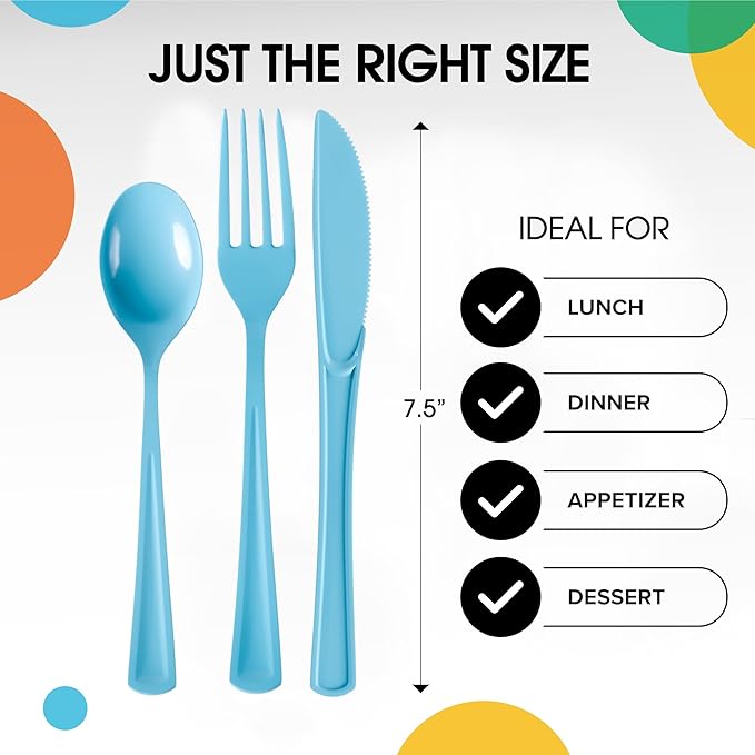 Party Solids Light Blue Plastic Silverware Heavy Duty 150 Pieces Light Blue Disposable Silverware Heavy Duty, Utensil Sets, 50 Of Each Forks, Knives & Spoons Disposable Cutlery Set For Party Supplies