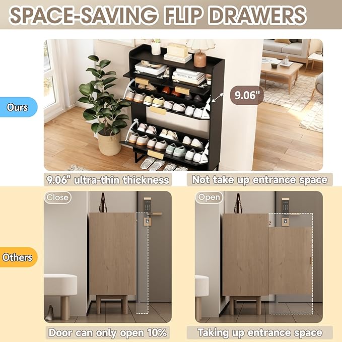 Fluted Shoe Cabinet Storage for Entryway – Narrow Shoe Rack with 2 Flip Drawers & 2 Storage Drawers, Freestanding Hidden Shoe Organizer for Foyer, Hallway (Black)