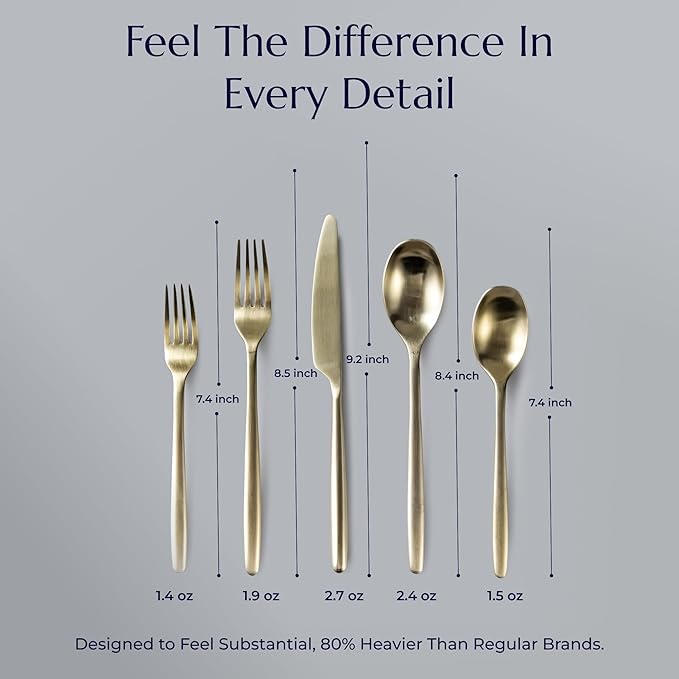 JazzUpCo Ava Flatware Flatware non toxic 18/10 stainless steel dishwasher safe (Matte Champagne Gold, 12 Person Set (60 Pieces))