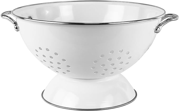 Reston Lloyd Calypso Basics Powder Coated Enameled Colander with Solid Base, Strainer Basket with Handles, for Pasta, Berries, Vegetables, Fruit, White (5 Quart, 160 oz, 4.7 litres)