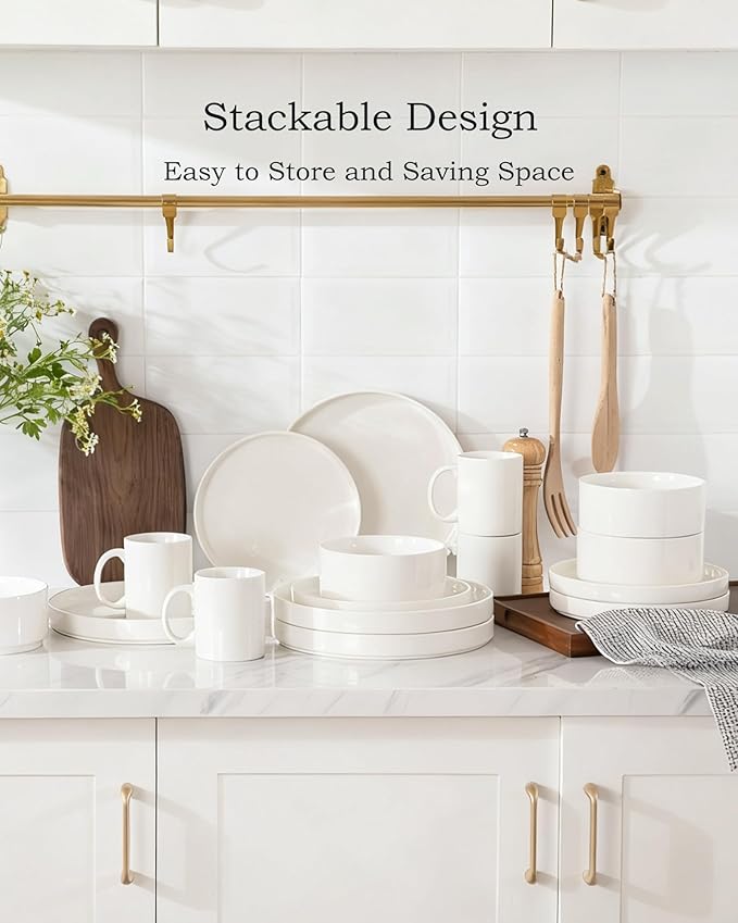 Sweejar Porcelain Dinnerware Sets for 4, 16 Pieces Ceramic Plates and Bowls Set, Classic Modern Simple Kitchen Dinner Dining Ware Set, Dishwasher and Microwave Safe Dishes Sets with Cups(Pure White)