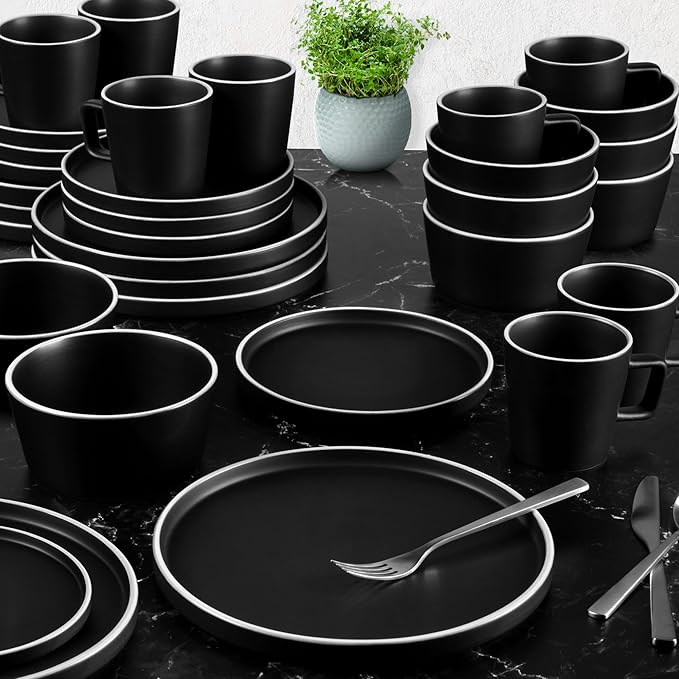Zulay Kitchen Terra Stoneware 32-Piece Dinnerware Set, Artisanal Ceramic Plates and Bowls Set Crafted at 2300℉ - Service for 8, Black Matte with White Rim