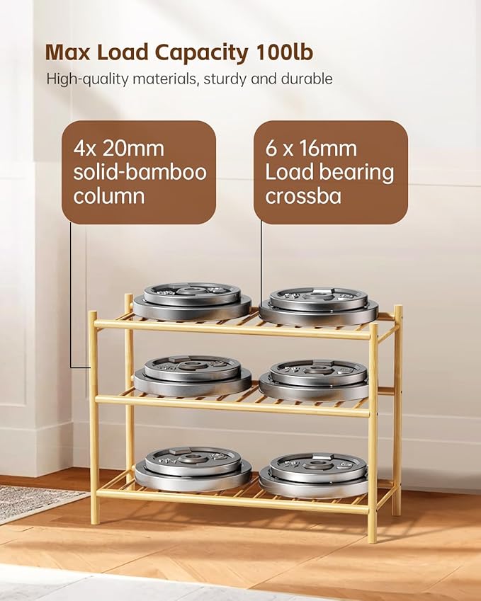 Bamboo Shoe Rack for Closet Small Wooden Shoe Organizer with Pouch, Sturdy Wood Shoe Shelf for Front Door Entrance Entryway and Outdoor, 26 inch Wide (Natural, 3-Tier)