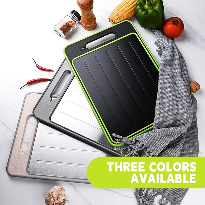 Cutting Board Double Sided,2 Pcs Vegetable Board With Sharpening Stone,Large Size+Small Size,Food Grade Stainless steel and Wheat straw PP Material,Eco-Friendly (khaki)