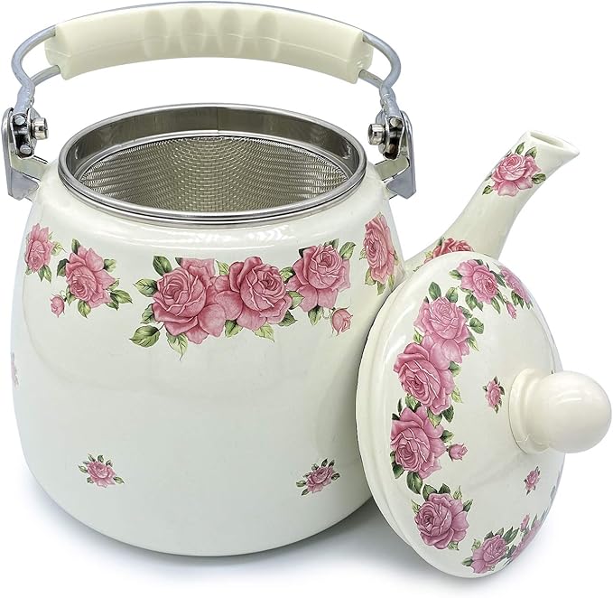 Enamel Teapot floral,Large Porcelain Enameled Teakettle,Colorful Hot Water Tea Kettle pot for Stovetop,Small Retro Classic Design (3.3L, style3)