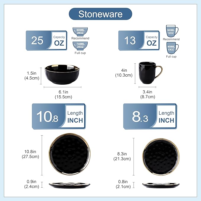 LOVECASA 16 Pieces Plates and Bowls Sets, Porcelain Black and Gold Dinnerware Sets, Round Dinner Plates Dishes Set Service for 4, Dishwasher Safe and Scratch Resistant, Black