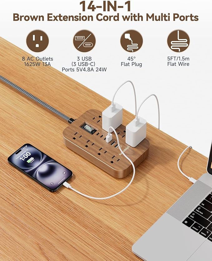 Walnut Power Strip with USB Ports - 10 FT Wood Power Strip, 1625W Decorative Extension Cord with 6 AC Outlet 3 USB, for Brown Tan Wood Walnut Grain Aesthetic Vintage Rustic Desk Accessories Decor