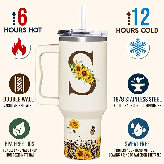 Personalized Birthday Gifts For Women - Sunflowers Monogrammed Cup For Boss Day, Christmas - Customized Gifts For Women, Mom, Wife, Coworkers, Boss Lady, Her - Custom Tumbler With Handle 40oz