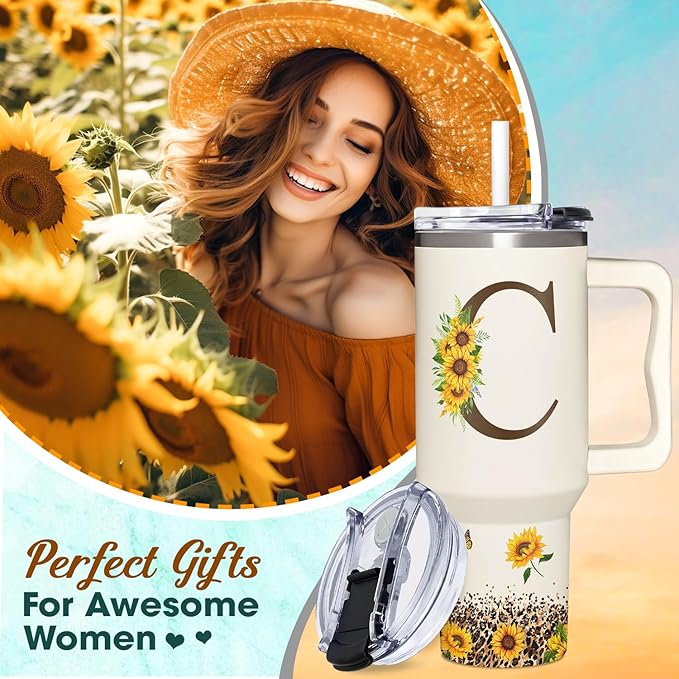 Personalized Birthday Gifts For Women - Sunflowers Monogrammed Cup For Boss Day, Christmas - Customized Gifts For Women, Mom, Wife, Coworkers, Boss Lady, Her - Custom Tumbler With Handle 40oz