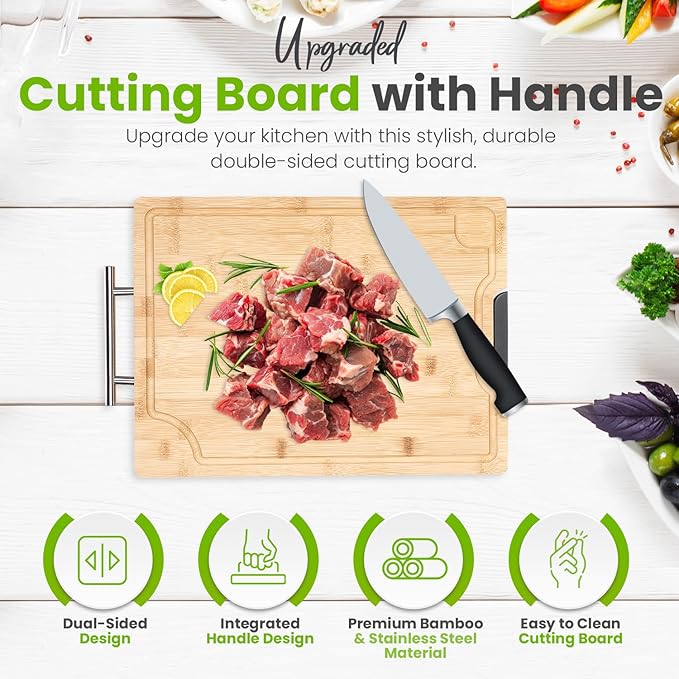 Premium 304 Stainless Steel Metal Cutting Board for Kitchen – 2 in 1 Bamboo and Steel Chopping Board for Kitchen with Juice Groove for Cutting Meat, Vegetables and Fruits - Easy Clean - 17.1”x12”