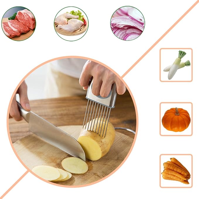 Best Utensils Onion Holder Slicer Vegetable Tools Stainless Steel Easy Onion Holder Slicing Guide Vegetable Tomato Lemon Meat Holder Slicer Tools Cutter, Cutting Kitchen Gadget, Silver