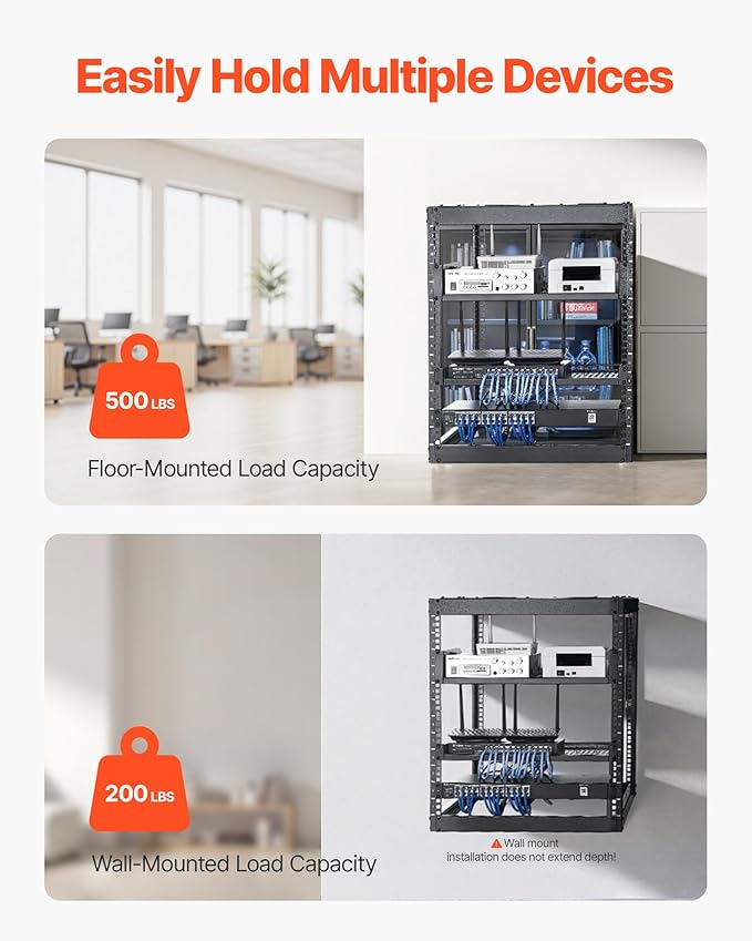 VEVOR 12U Server Rack, Open Frame Network Rack for IT & AV Gear, Floor Standing or Wall Mounted,with 2PCS 1U Rack Shelves & Mounting Hardware, AV Rack for 19" Networking,Audio and Video Device