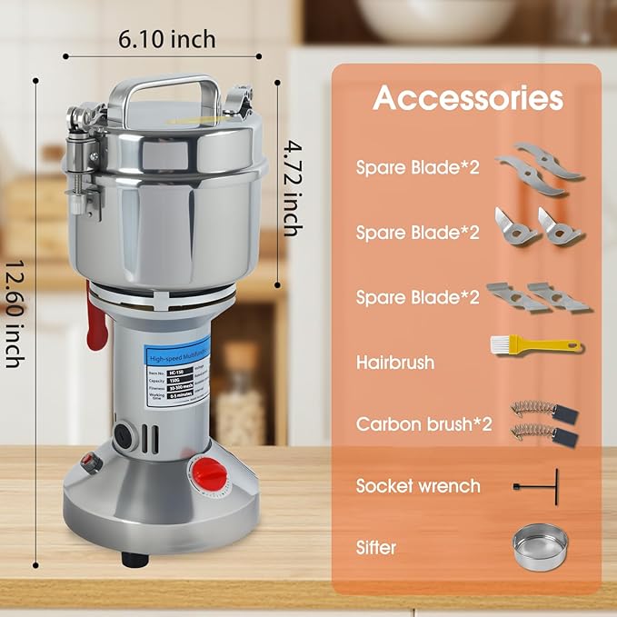 150g Electric Grain Mill Grinder - 850W High-Speed Stainless Steel Dry Food Grinder for Coffee, Spices, Nuts & Herbs | 28000 RPM | 3 Blades | Commercial & Home Kitchen Use