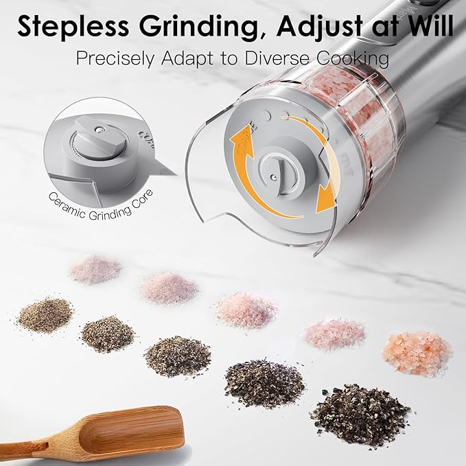 Marchpower Electric Salt and Pepper Grinder Set,1S Quick Switch, Rechargeable Stainless Steel Automatic Electric Salt and Pepper Shakers with LED Light, 200ml large-Capacity, Stepless Grind Adjustment