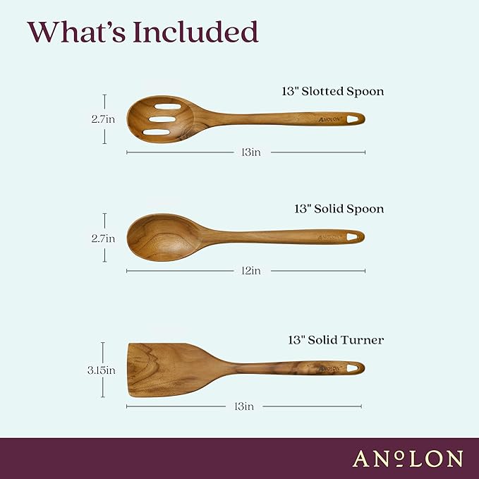 Anolon Teak Wood Tools 13-Inch Tool Set, 3-Piece