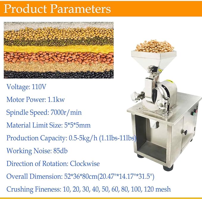 110V Commercial Electric Grain Grinder Machine, Stainless Steel 1100W High-Speed Universal Pulverizer with a 10-Mesh Sieve, for Chemical, Food, Soybean, Peanut, Coffee Grinding