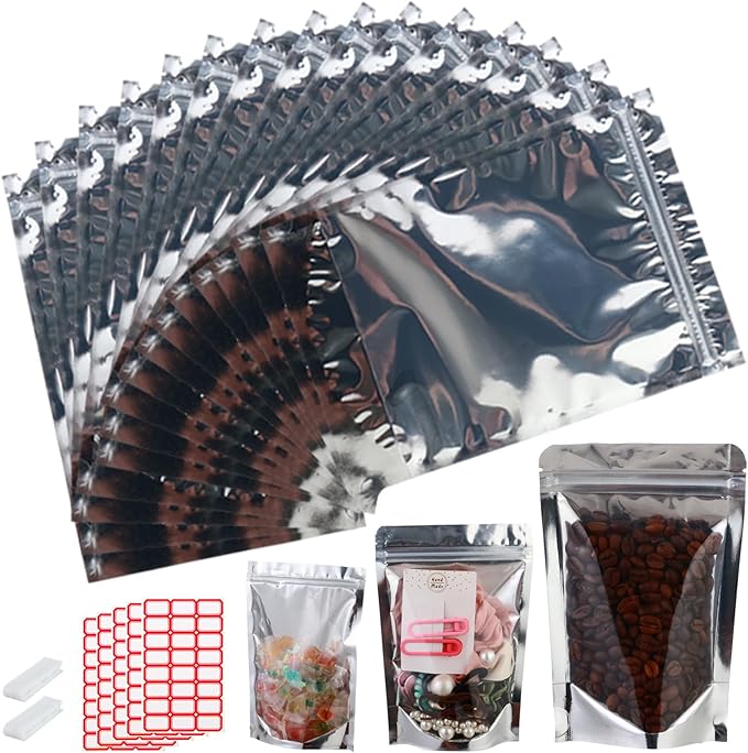 150-pack 5.9” x 8.7” Stand Up Mylar Bags with Clear Window Resealable Silver Aluminum Foil Pouches for Food Storage Smell Proof Edible Packaging Bag for Jewelry and Small Business, Bulk