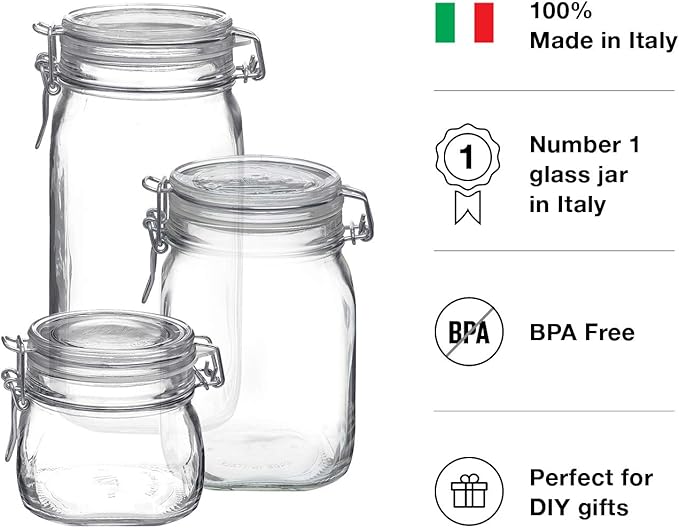 Bormioli Rocco Fido 3-Piece Set Food Storage - Pasta and Cookie Jars - Hermetically Sealed - Retains Freshness - Organizing small (17), medium(33), and large(50) Jars, clear (149740S06021990)