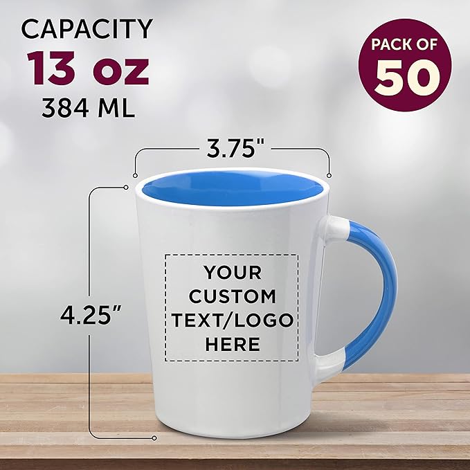 Custom Ceramic Latte Coffee Mugs by Albany 13 oz. Set of 50, Personalized Bulk Pack - Perfect for Coffee, Tea, Espresso, Hot Cocoa, Other Beverages - Process Blue