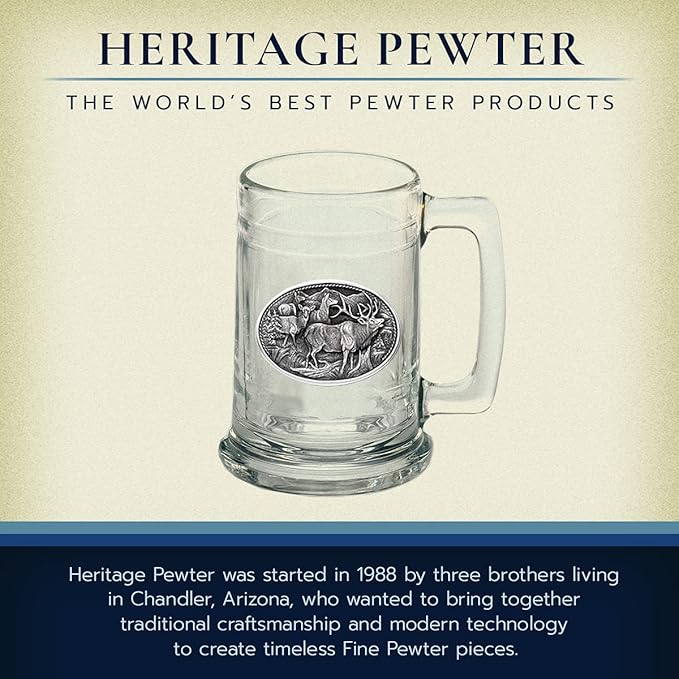 Heritage Pewter Elk Beer Stein Glass | 15 Ounce German-Style Beer Glass | Intricately Crafted Metal Pewter Elk Inlay