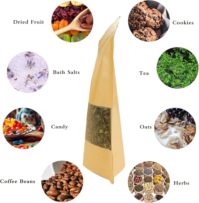 100 PCS Resealable Bags, Stand Up Kraft Paper Bags with Matte Window, Zipper Lock Food Storage Bags for Small Business and Home, 7.08 * 10.2 Inches Reusable Sealable Bags for Packaging