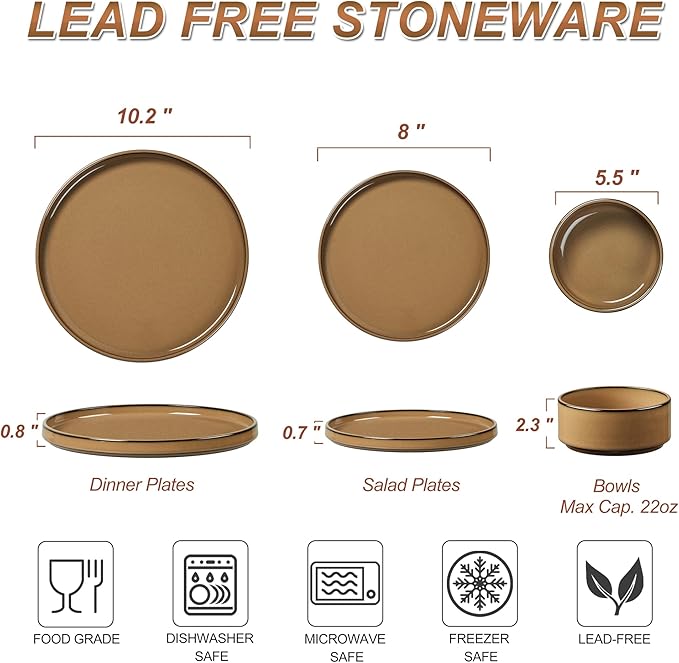 LIANYU Dinnerware Plates and Bowls Sets for 4, 12 Piece Modern Stoneware Dishes Set, Elegant Ceramic Dining Dishware for Dinner, Rustic Terracotta Bottom, Microwave & Dishwasher Safe, Amber Gold