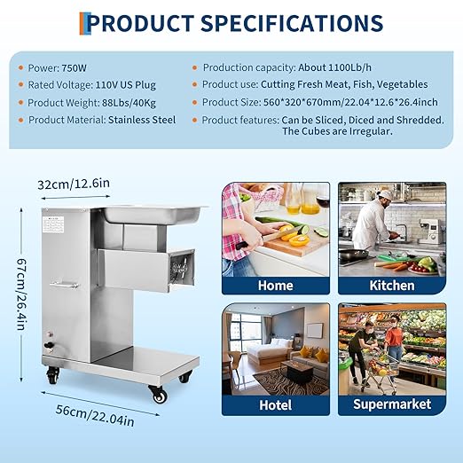 Commercial Meat Cutting Machine, 1100 LBS/H 750W, 3 mm Blade, Stainless Steel Restaurant Food Cutter, for Kitchen Supermarket Lamb Beef Chicken