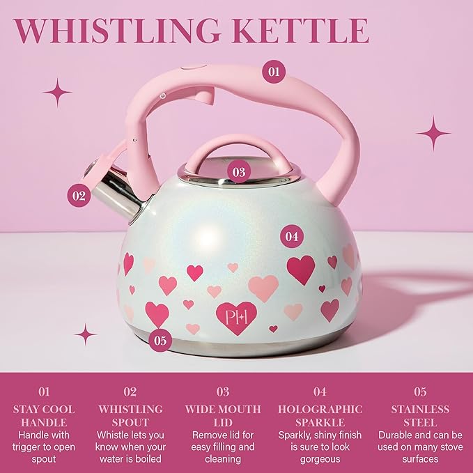 Paris Hilton Whistling Stovetop Tea Kettle, Stainless Steel with Iridescent Heart Design, Soft Touch Handle, 2.5-Quart, Iridescent