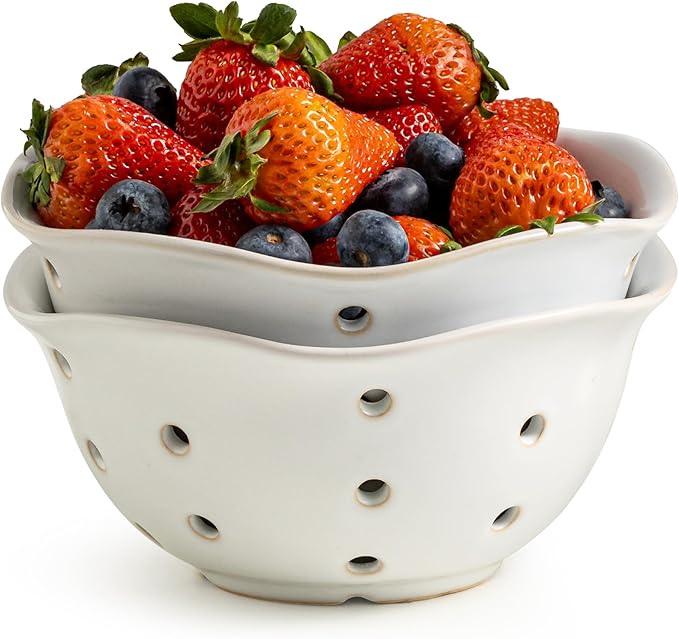 Gomakren Ceramic Berry Basket Set of 2, Elegant Fruit Basket Container 6 Inch, Fruit Bowl with Holes for Kitchen Counter, Berries, Strawberry, Grape, Cherry, Floral Shape - White